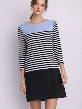 LOFT Colorblock Striped Dress M | Chambray + Black White | Preppy Chic Shift